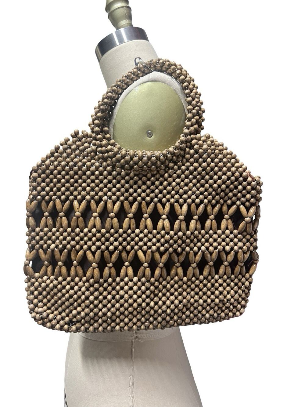 Vintage Boho Wooden Bead Summer Handbag Purse Lined Brown Woven Zip Closure